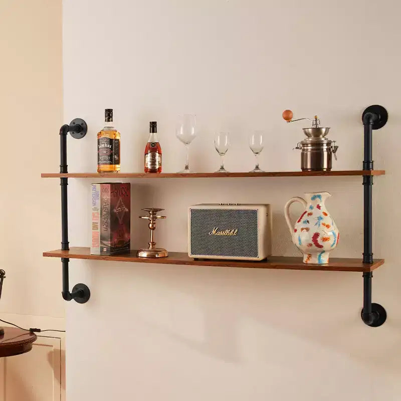 Industrial Pipe Shelf, 2 Tier 48x 9.84in, Wall-Mount Floating Rustic Wood Shelves Bracket Display Bookshelf, Black