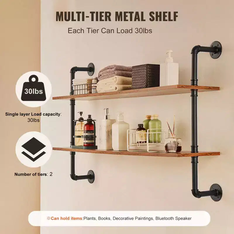 Industrial Pipe Shelf, 2 Tier 48x 9.84in, Wall-Mount Floating Rustic Wood Shelves Bracket Display Bookshelf, Black