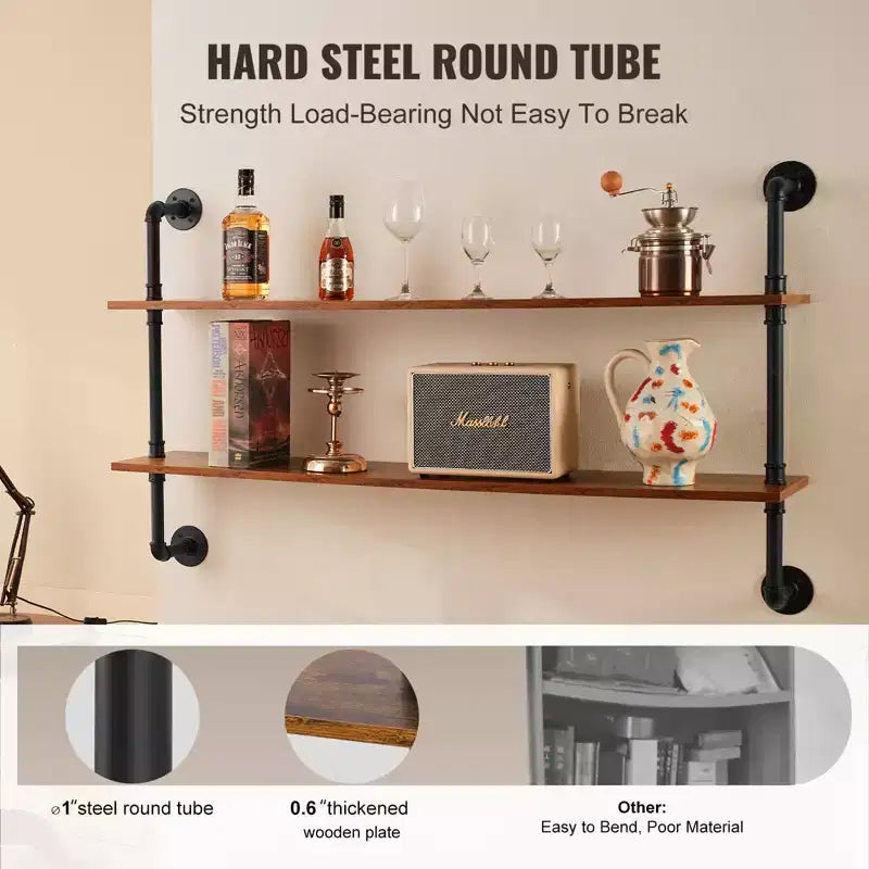 Industrial Pipe Shelf, 2 Tier 48x 9.84in, Wall-Mount Floating Rustic Wood Shelves Bracket Display Bookshelf, Black
