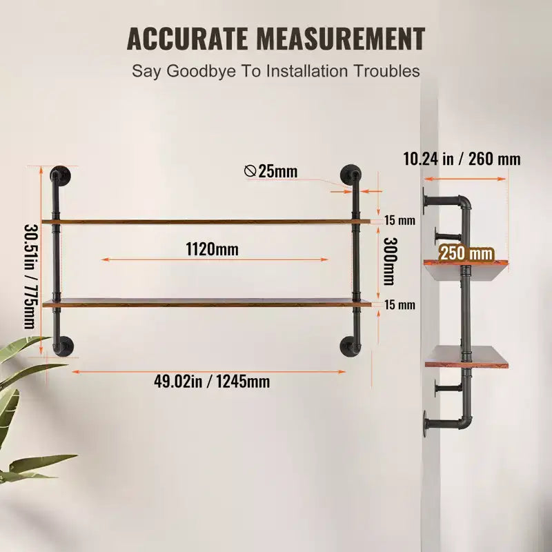 Industrial Pipe Shelf, 2 Tier 48x 9.84in, Wall-Mount Floating Rustic Wood Shelves Bracket Display Bookshelf, Black