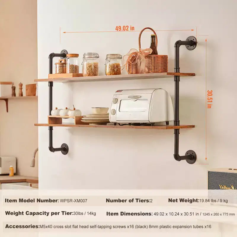 Industrial Pipe Shelf, 2 Tier 48x 9.84in, Wall-Mount Floating Rustic Wood Shelves Bracket Display Bookshelf, Black