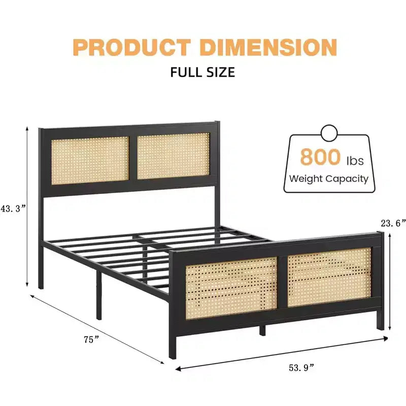Rattan Bed Frame with Headboard & Footboard, Noise-Free Metal Platform, No Box Spring Needed, Easy Assembly