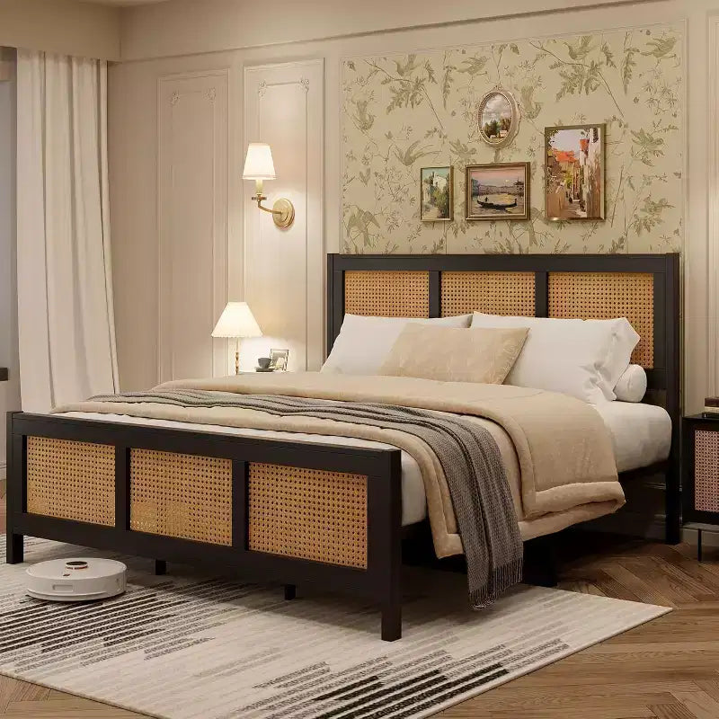 Rattan Bed Frame with Headboard & Footboard, Noise-Free Metal Platform, No Box Spring Needed, Easy Assembly