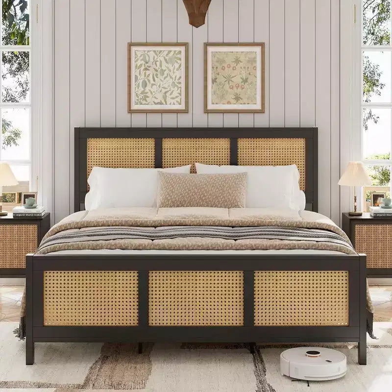 Rattan Bed Frame with Headboard & Footboard, Noise-Free Metal Platform, No Box Spring Needed, Easy Assembly