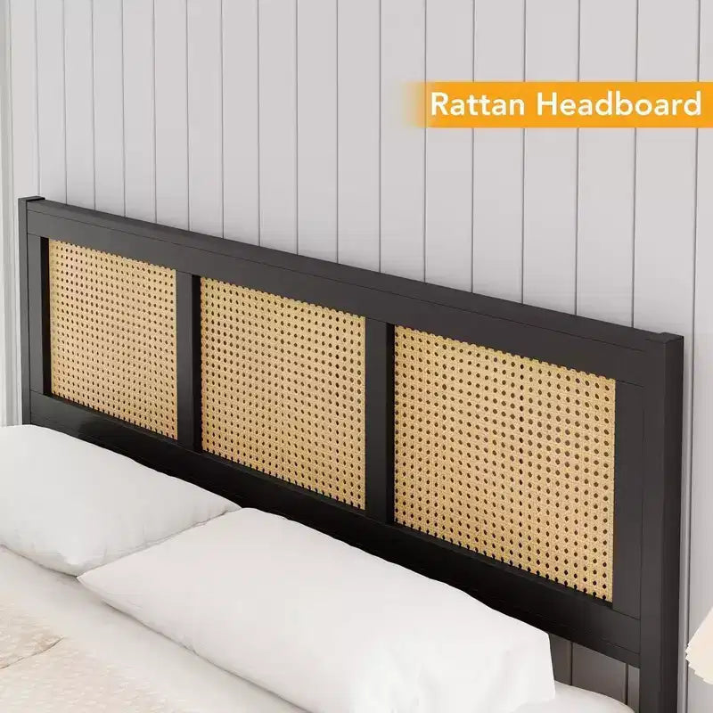 Rattan Bed Frame with Headboard & Footboard, Noise-Free Metal Platform, No Box Spring Needed, Easy Assembly