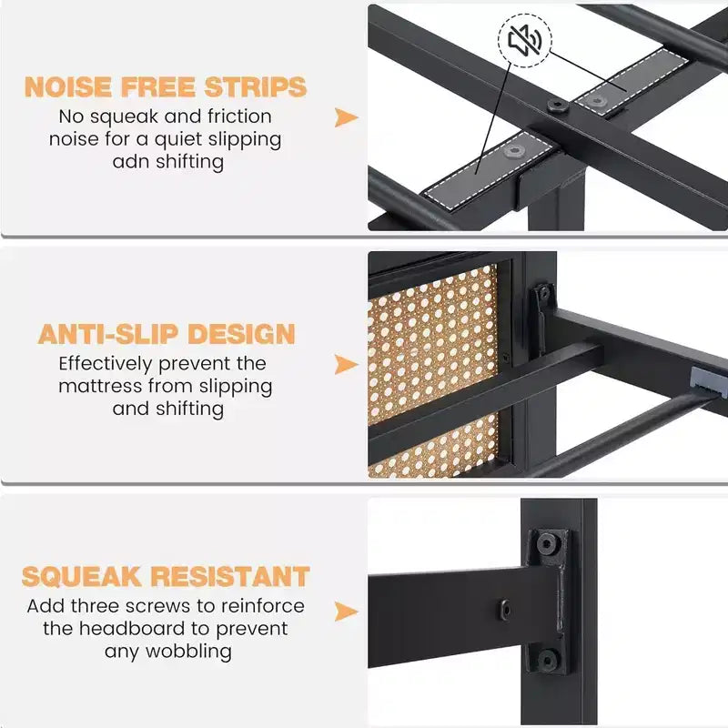 Rattan Bed Frame with Headboard & Footboard, Noise-Free Metal Platform, No Box Spring Needed, Easy Assembly