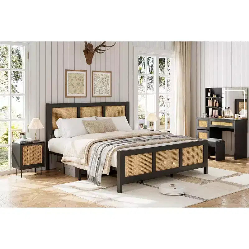 Rattan Bed Frame with Headboard & Footboard, Noise-Free Metal Platform, No Box Spring Needed, Easy Assembly