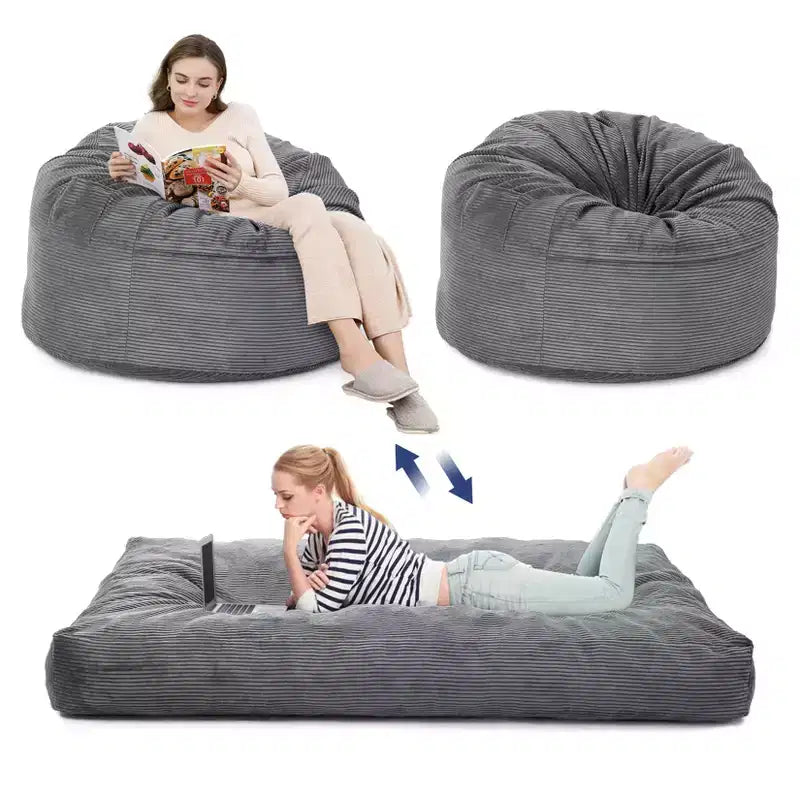 Floor Sofa Couch Converts to Mattress, Large Corduroy Bean Bag Chair Bed, Soft High-Density Foam, Washable Removable Cover