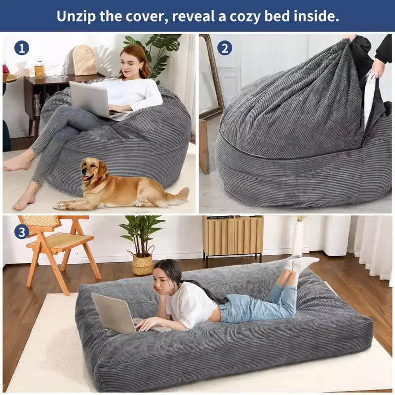 Floor Sofa Couch Converts to Mattress, Large Corduroy Bean Bag Chair Bed, Soft High-Density Foam, Washable Removable Cover