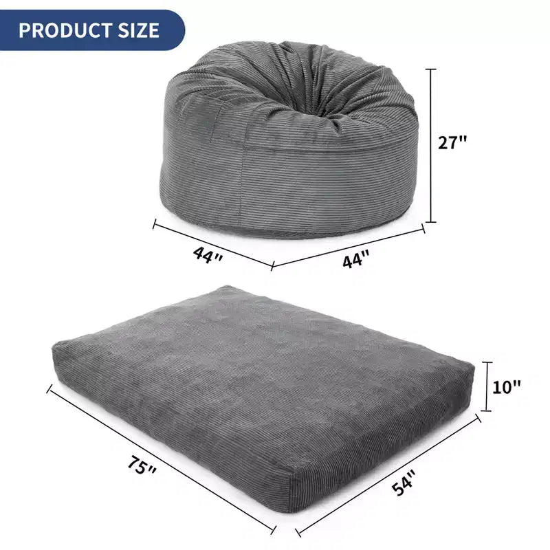 Floor Sofa Couch Converts to Mattress, Large Corduroy Bean Bag Chair Bed, Soft High-Density Foam, Washable Removable Cover