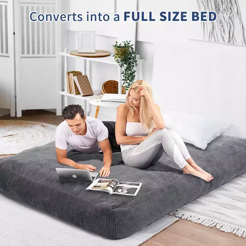 Floor Sofa Couch Converts to Mattress, Large Corduroy Bean Bag Chair Bed, Soft High-Density Foam, Washable Removable Cover