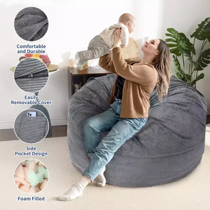 Floor Sofa Couch Converts to Mattress, Large Corduroy Bean Bag Chair Bed, Soft High-Density Foam, Washable Removable Cover