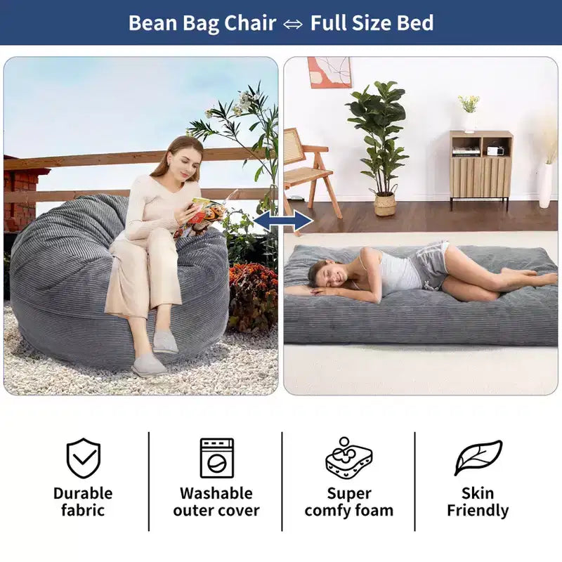 Floor Sofa Couch Converts to Mattress, Large Corduroy Bean Bag Chair Bed, Soft High-Density Foam, Washable Removable Cover
