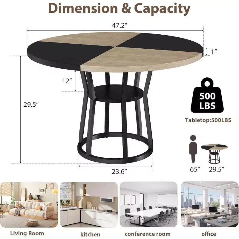 47 Inch Round Dining Table, Farmhouse Dining Room Circle Dinner Table, Metal Legs, for Kitchen, Living Room, Dining Room