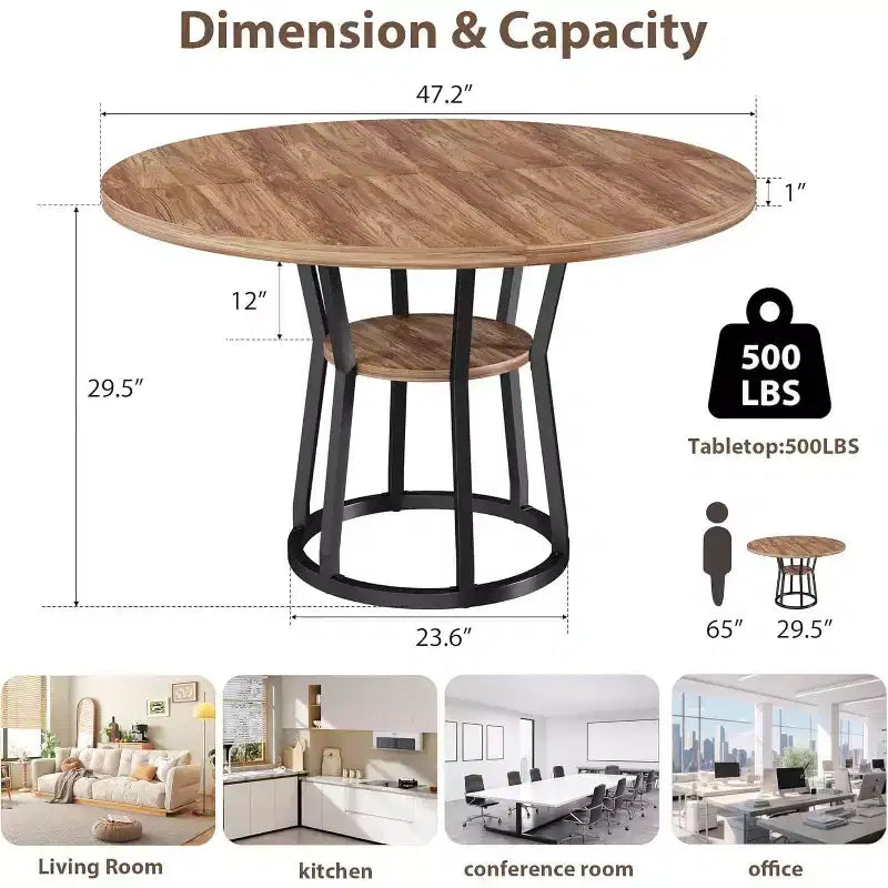 47 Inch Round Dining Table, Farmhouse Dining Room Circle Dinner Table, Metal Legs, for Kitchen, Living Room, Dining Room