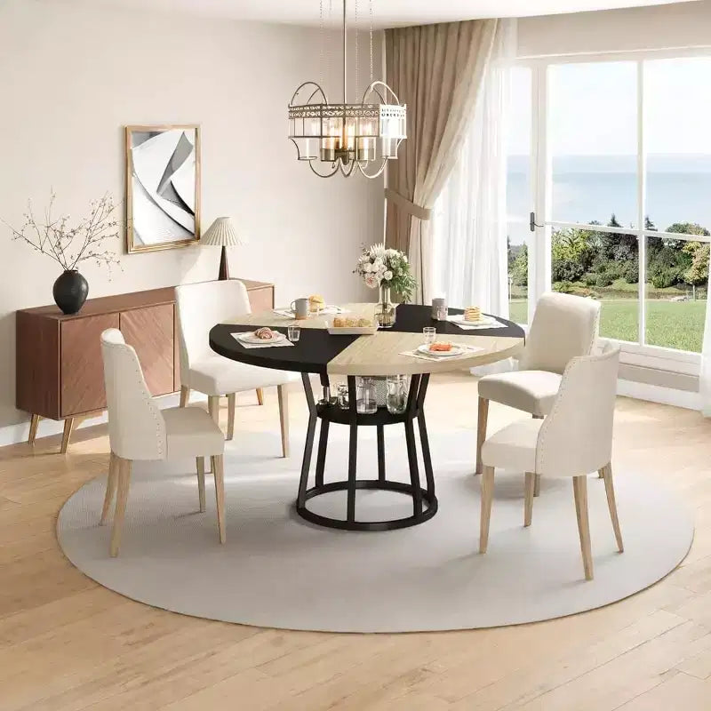 47 Inch Round Dining Table, Farmhouse Dining Room Circle Dinner Table, Metal Legs, for Kitchen, Living Room, Dining Room