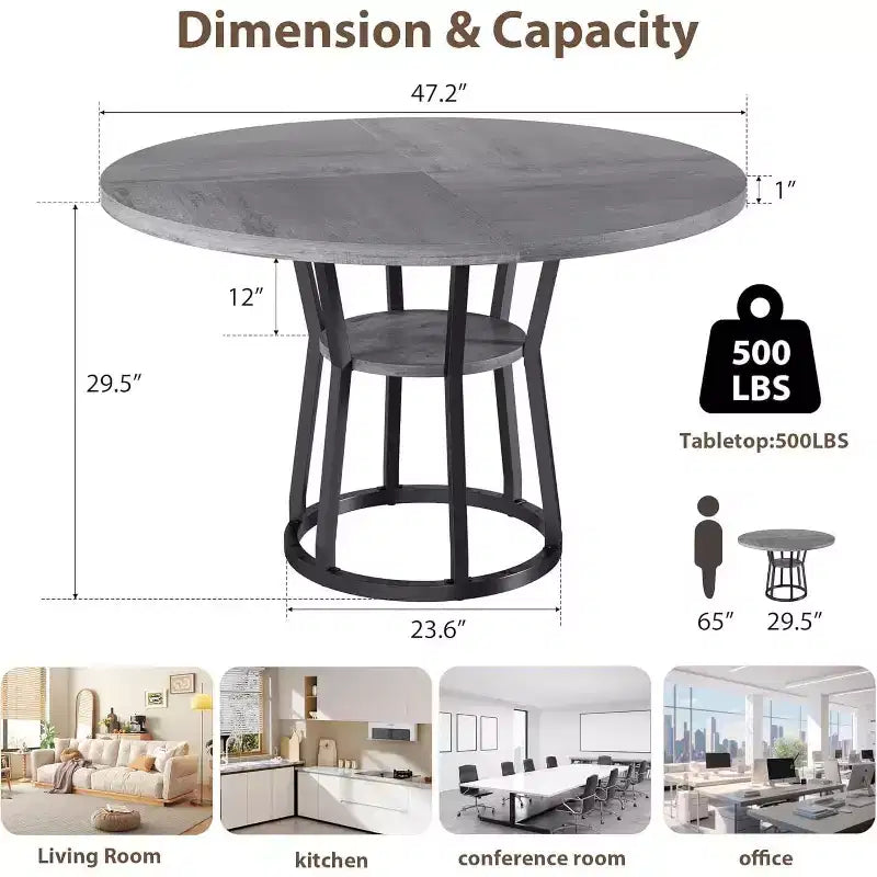 47 Inch Round Dining Table, Farmhouse Dining Room Circle Dinner Table, Metal Legs, for Kitchen, Living Room, Dining Room