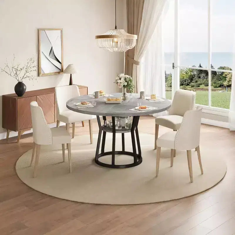 47 Inch Round Dining Table, Farmhouse Dining Room Circle Dinner Table, Metal Legs, for Kitchen, Living Room, Dining Room
