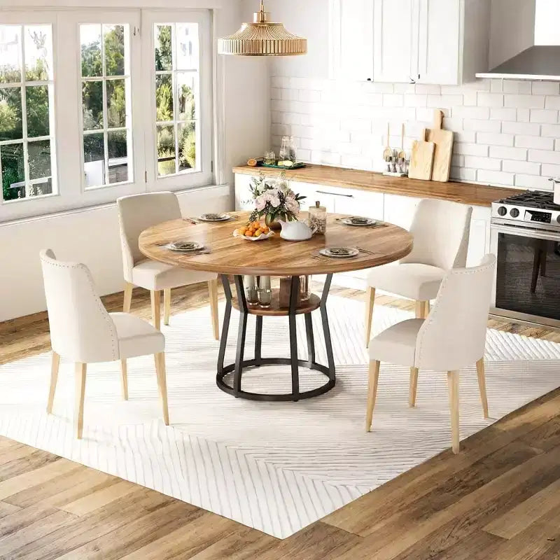 47 Inch Round Dining Table, Farmhouse Dining Room Circle Dinner Table, Metal Legs, for Kitchen, Living Room, Dining Room