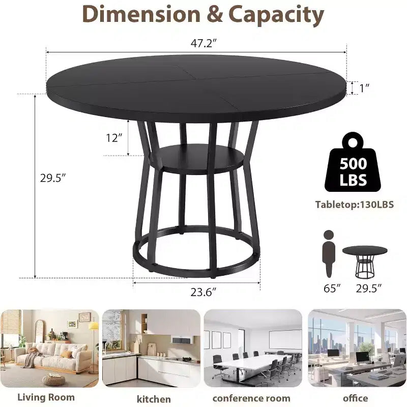 47 Inch Round Dining Table, Farmhouse Dining Room Circle Dinner Table, Metal Legs, for Kitchen, Living Room, Dining Room