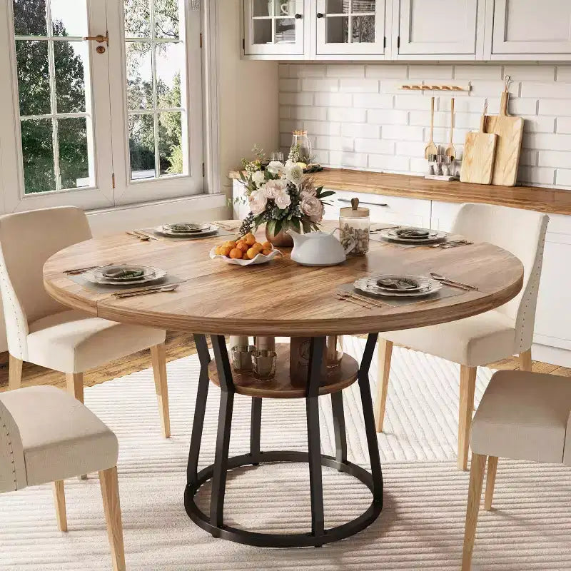 47 Inch Round Dining Table, Farmhouse Dining Room Circle Dinner Table, Metal Legs, for Kitchen, Living Room, Dining Room