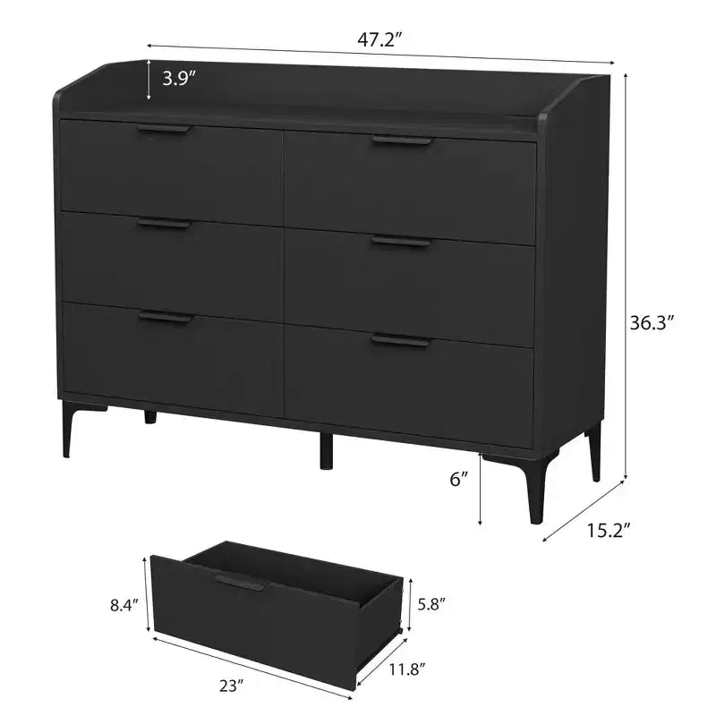 Modern 6-Drawer Wooden Dresser, Wide Closet Storage Chest - Freestanding Tall Vertical Organizer with Adjustable Feet