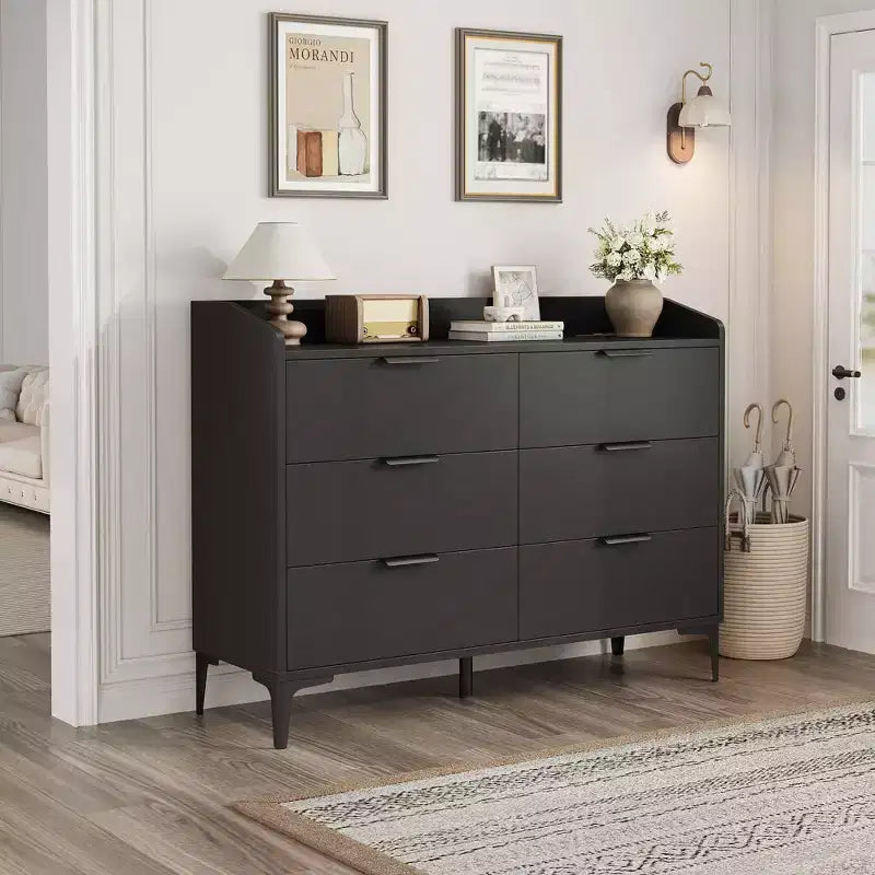 Modern 6-Drawer Wooden Dresser, Wide Closet Storage Chest - Freestanding Tall Vertical Organizer with Adjustable Feet
