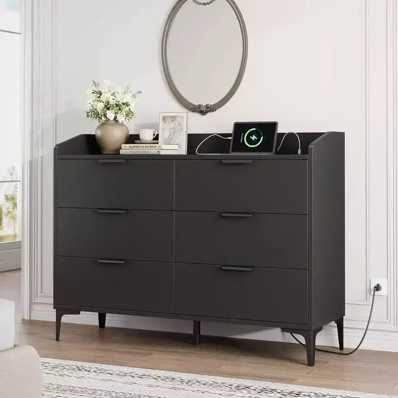 Modern 6-Drawer Wooden Dresser, Wide Closet Storage Chest - Freestanding Tall Vertical Organizer with Adjustable Feet