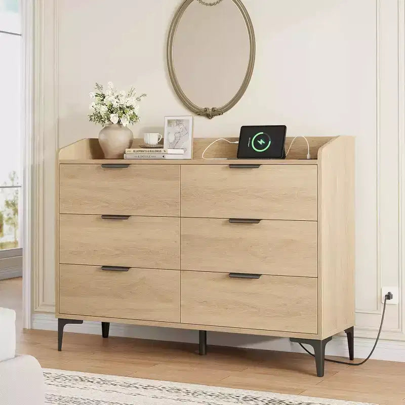 Modern 6-Drawer Wooden Dresser, Wide Closet Storage Chest - Freestanding Tall Vertical Organizer with Adjustable Feet