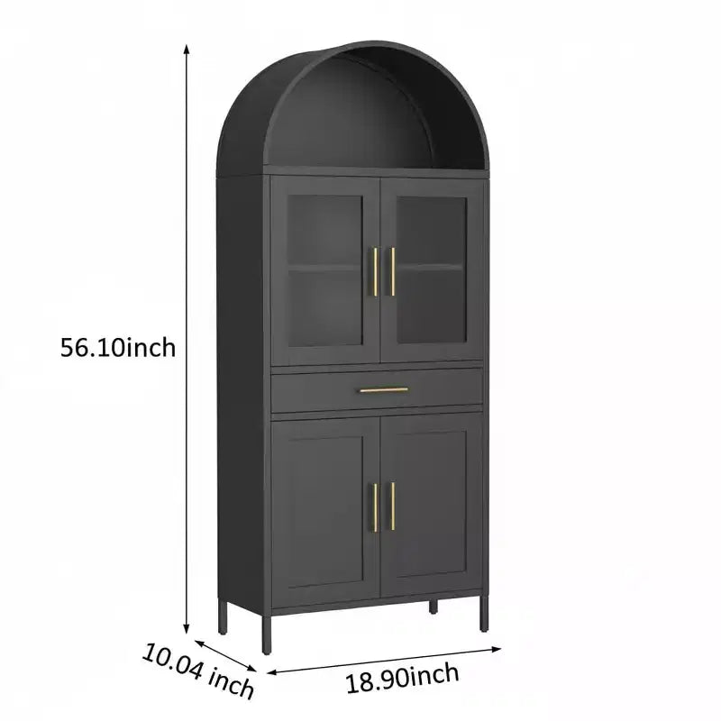56'' Arched Cabinet with Glass Doors, Metal Kitchen Pantry with Storage Drawer & 2 Adjustable Shelves, Modern Display Bookcase for Living Room