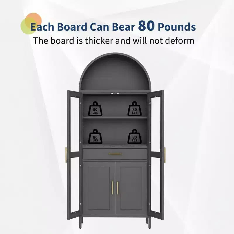 56'' Arched Cabinet with Glass Doors, Metal Kitchen Pantry with Storage Drawer & 2 Adjustable Shelves, Modern Display Bookcase for Living Room