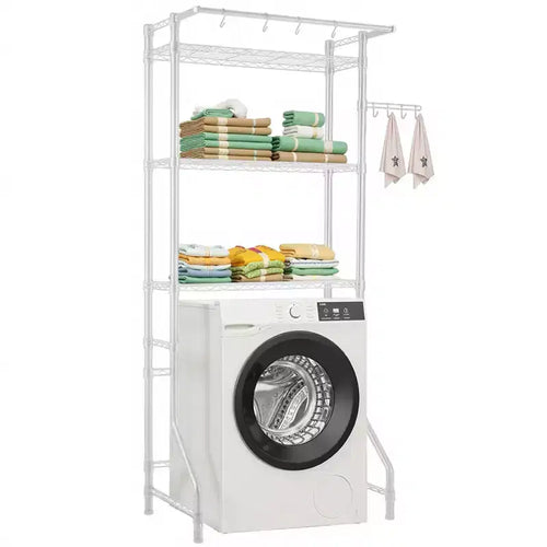 3 Tier Over Washer Dryer Storage Shelf with Hanging Rod Hooks and Adjustable Shelves for Laundry Room