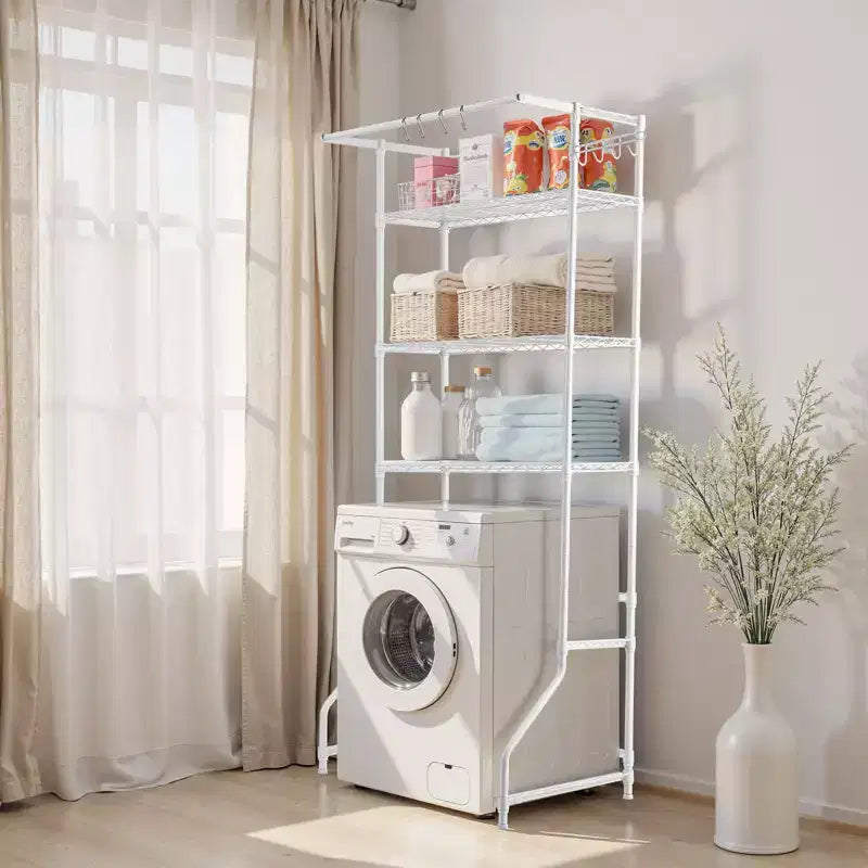 3 Tier Over Washer Dryer Storage Shelf with Hanging Rod Hooks and Adjustable Shelves for Laundry Room