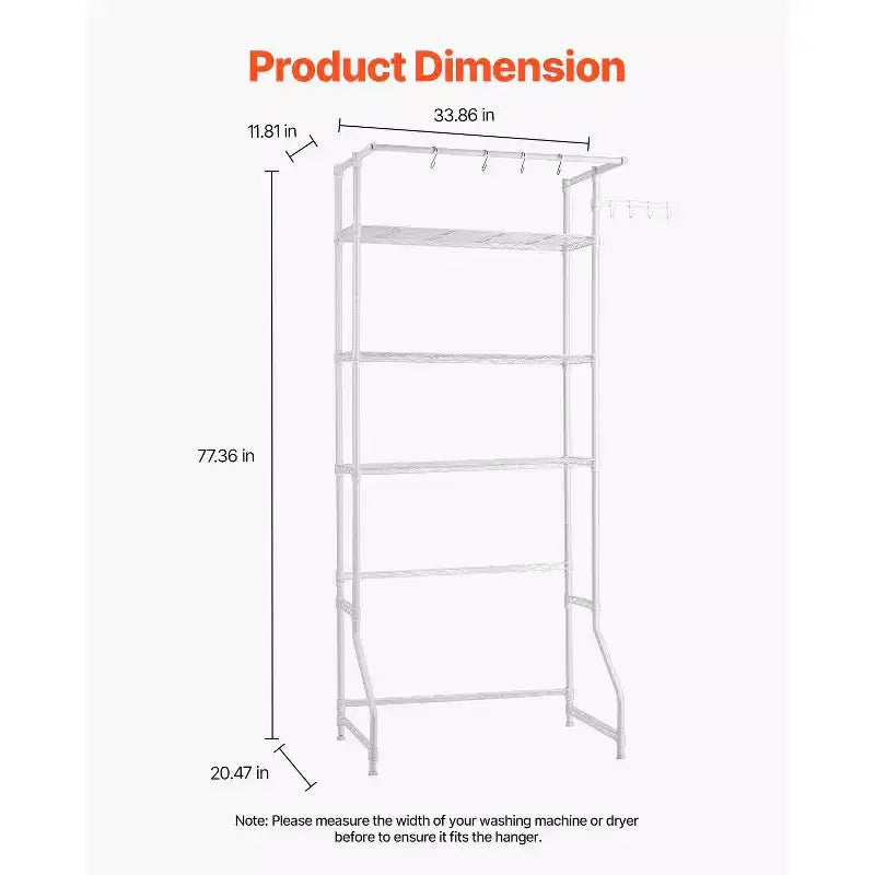 3 Tier Over Washer Dryer Storage Shelf with Hanging Rod Hooks and Adjustable Shelves for Laundry Room