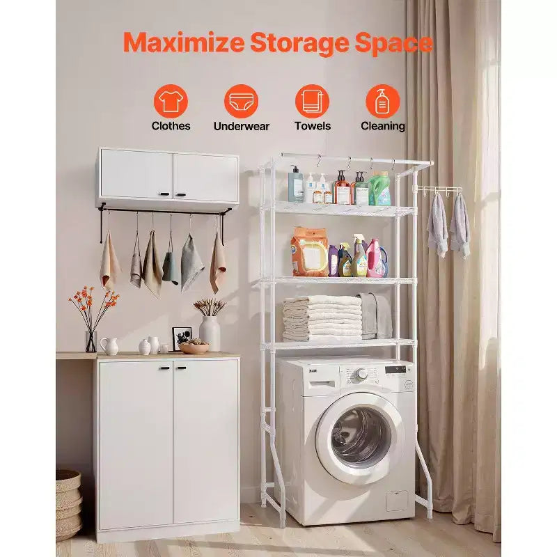 3 Tier Over Washer Dryer Storage Shelf with Hanging Rod Hooks and Adjustable Shelves for Laundry Room