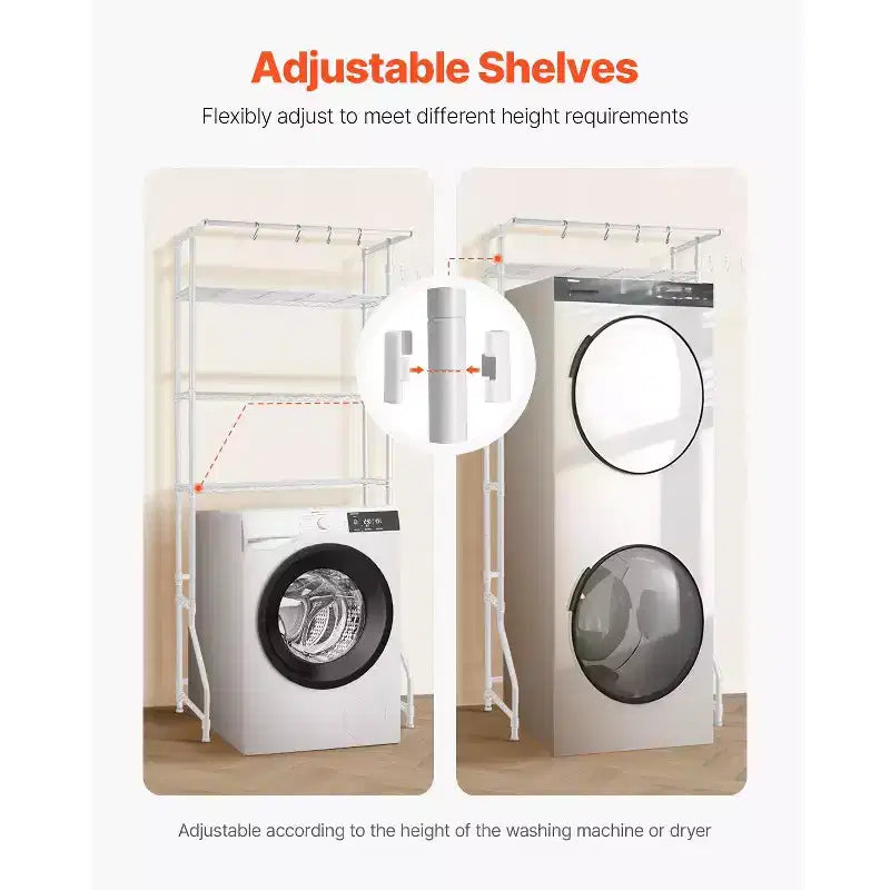 3 Tier Over Washer Dryer Storage Shelf with Hanging Rod Hooks and Adjustable Shelves for Laundry Room