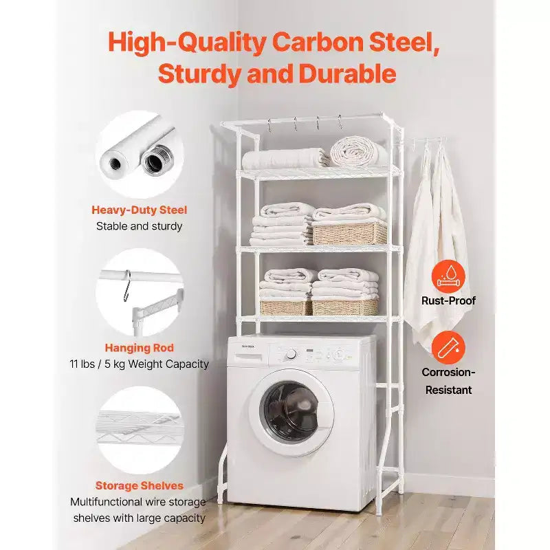 3 Tier Over Washer Dryer Storage Shelf with Hanging Rod Hooks and Adjustable Shelves for Laundry Room