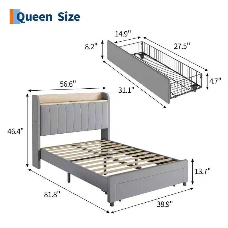 Twin / Queen Upholstered Platform Bed Frame, Storage Headboard w/ Charging Station & Drawers