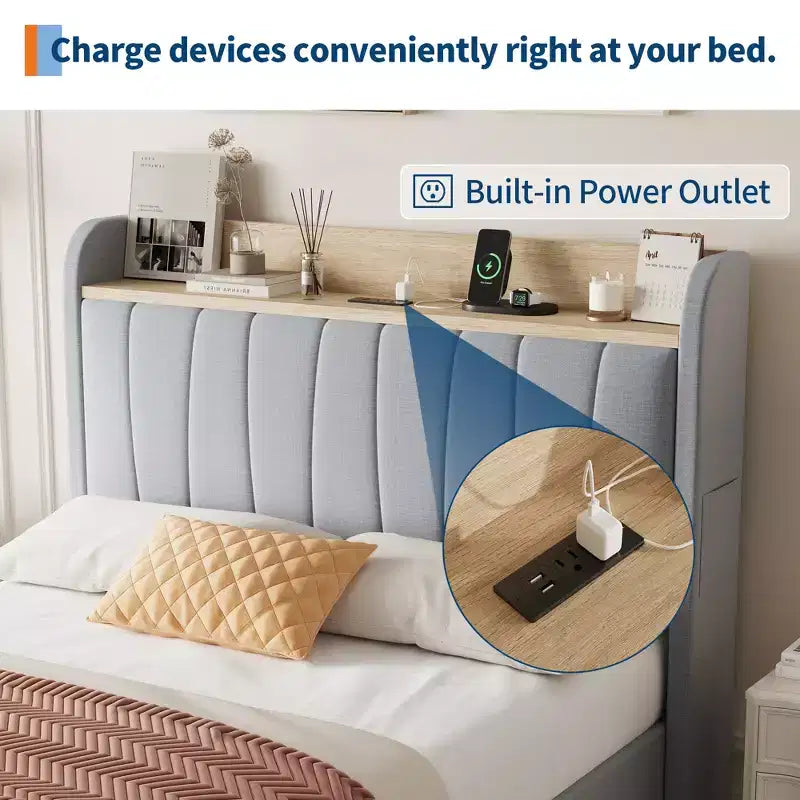 Twin / Queen Upholstered Platform Bed Frame, Storage Headboard w/ Charging Station & Drawers