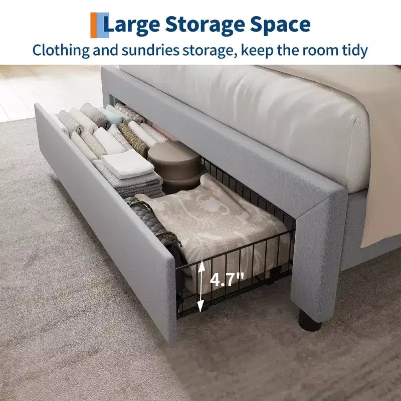 Twin / Queen Upholstered Platform Bed Frame, Storage Headboard w/ Charging Station & Drawers