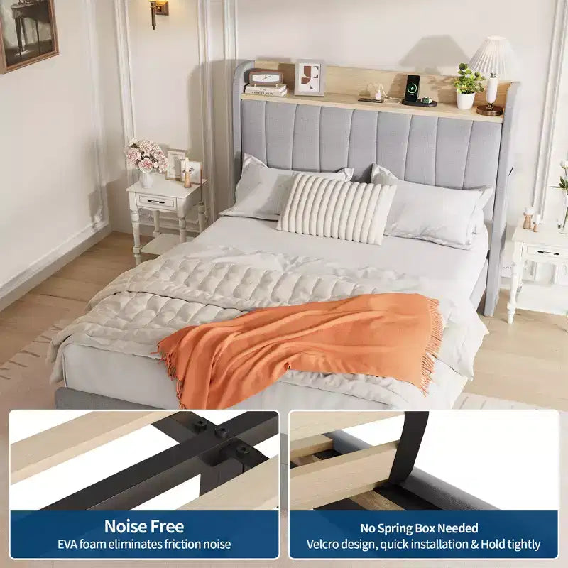 Twin / Queen Upholstered Platform Bed Frame, Storage Headboard w/ Charging Station & Drawers