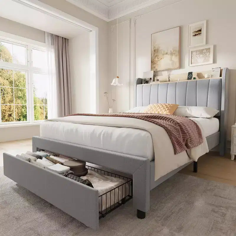 Twin / Queen Upholstered Platform Bed Frame, Storage Headboard w/ Charging Station & Drawers