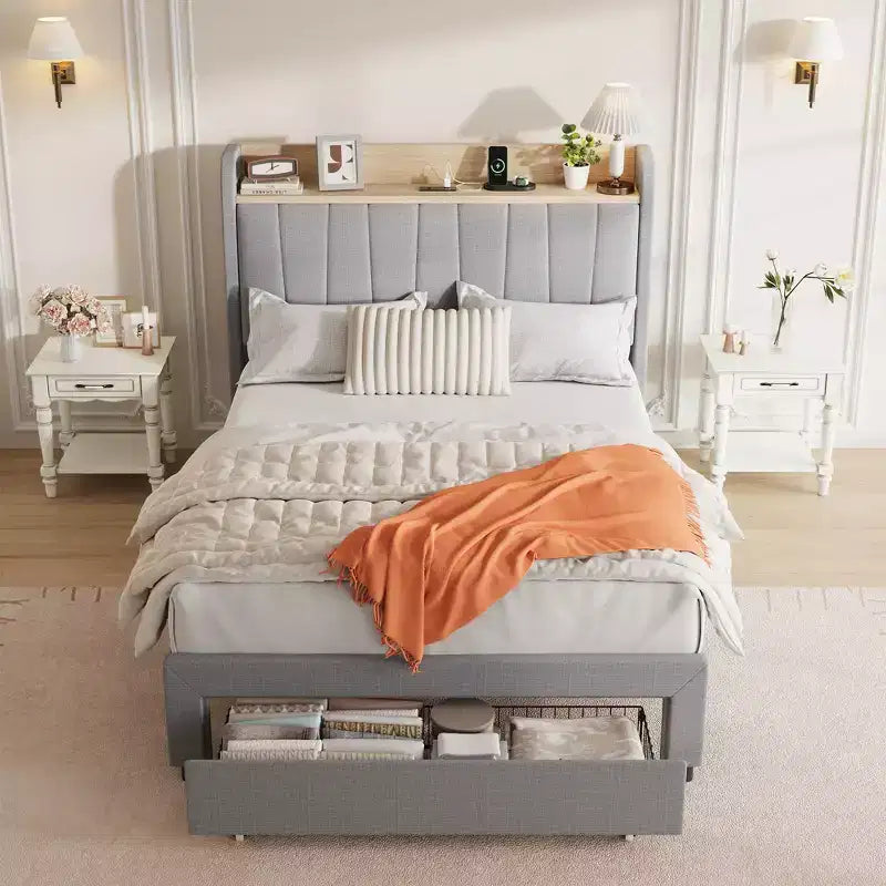 Twin / Queen Upholstered Platform Bed Frame, Storage Headboard w/ Charging Station & Drawers