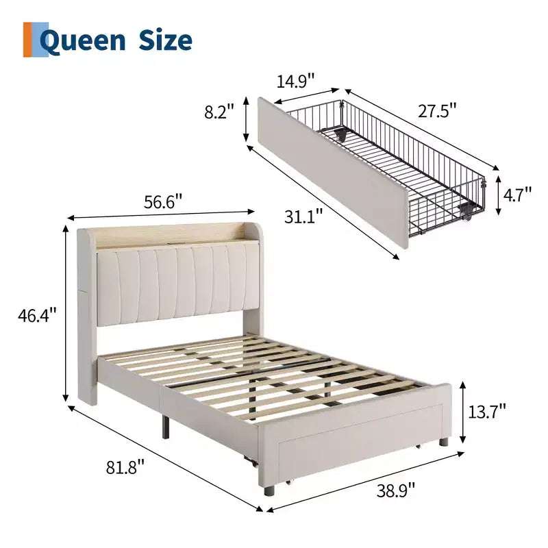 Twin / Queen Upholstered Platform Bed Frame, Storage Headboard w/ Charging Station & Drawers