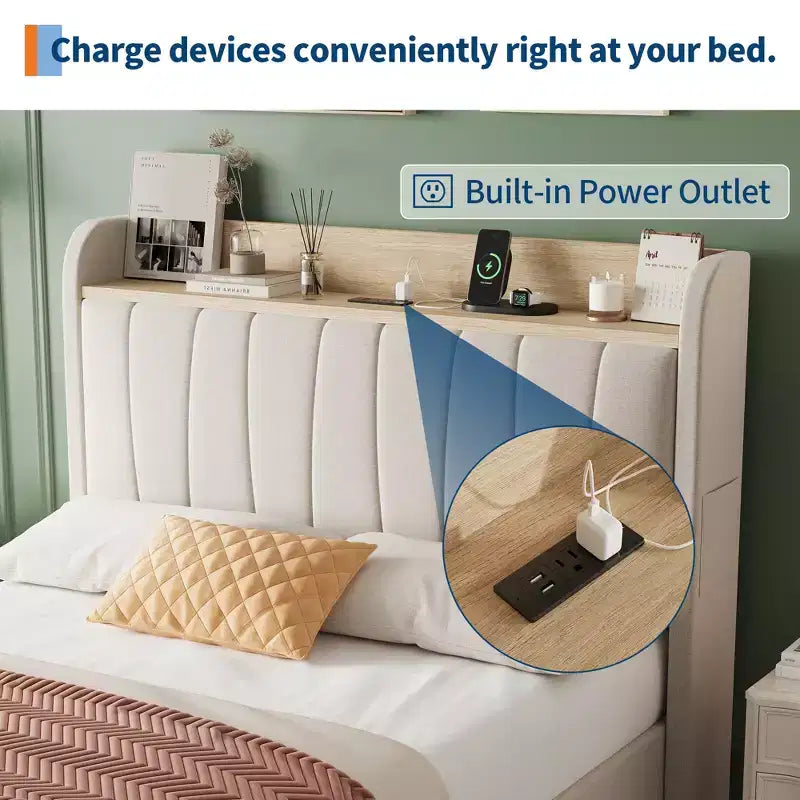 Twin / Queen Upholstered Platform Bed Frame, Storage Headboard w/ Charging Station & Drawers