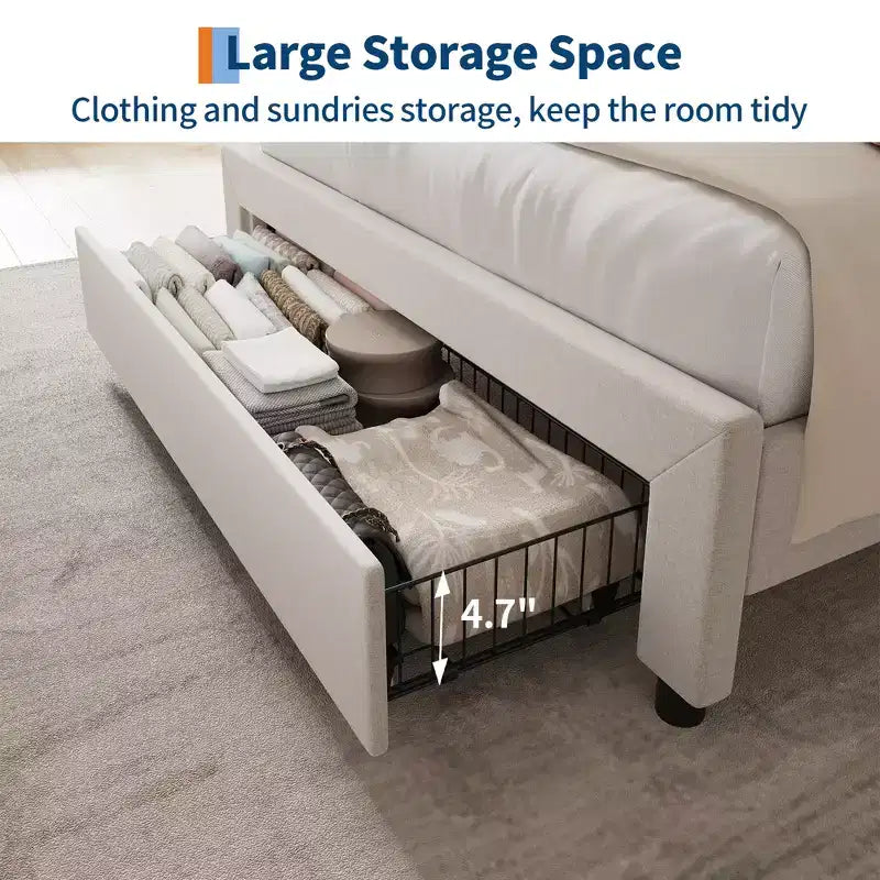 Twin / Queen Upholstered Platform Bed Frame, Storage Headboard w/ Charging Station & Drawers