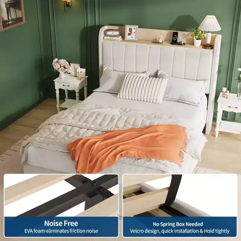 Twin / Queen Upholstered Platform Bed Frame, Storage Headboard w/ Charging Station & Drawers