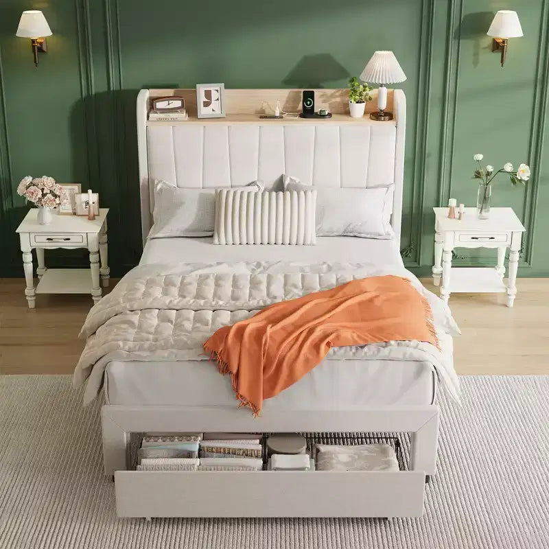 Twin / Queen Upholstered Platform Bed Frame, Storage Headboard w/ Charging Station & Drawers