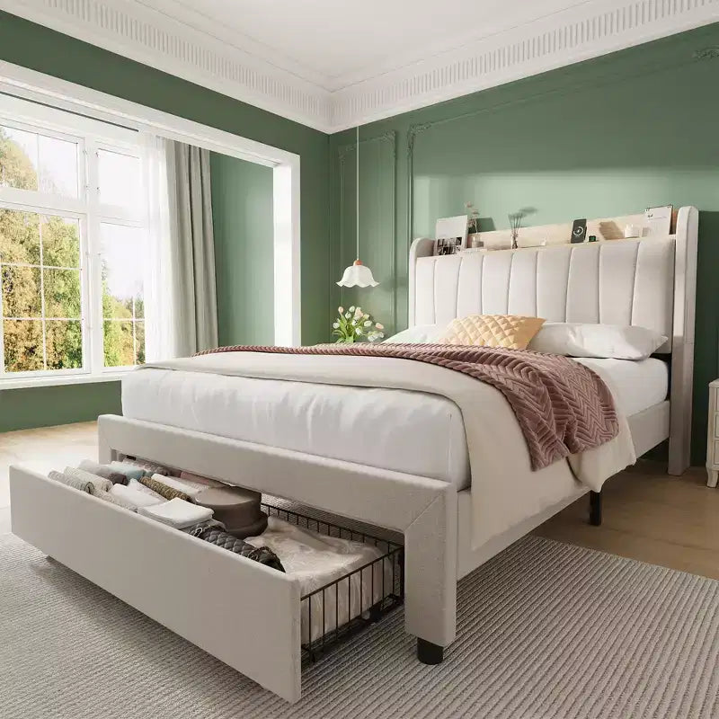 Twin / Queen Upholstered Platform Bed Frame, Storage Headboard w/ Charging Station & Drawers
