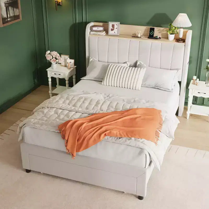 COZONY Twin / Queen Upholstered Platform Bed Frame, Storage Headboard w/ Charging Station & Drawers
